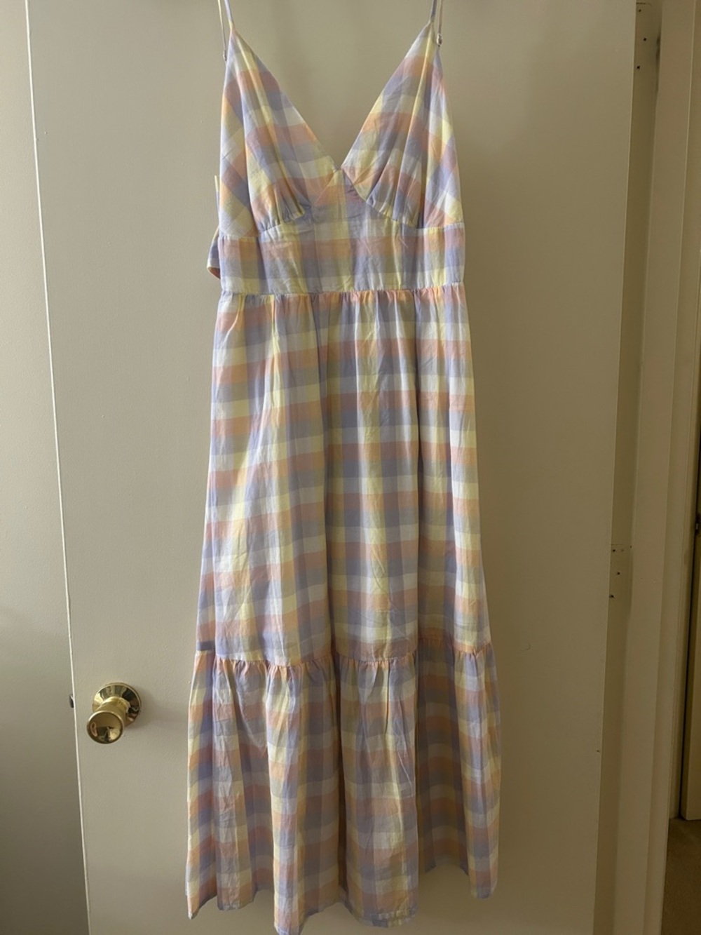 Jessica Simpson Pastel Gingham Midi Dress in Lavender, Yellow, Peach and White
